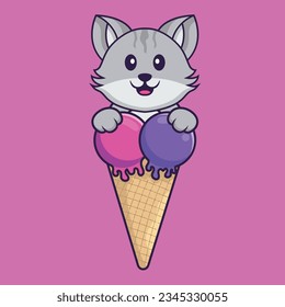 Cute cat with sweet ice cream. Animal cartoon concept isolated. Can used for t-shirt, greeting card, invitation card or mascot