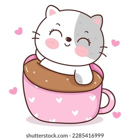 Cute cat sweet in lovely coffee cup for café logo. Series: Kawaii animals kitten isolated on white background (Character cartoon) Holiday activities, happy birthday. Perfect make a wish for baby.