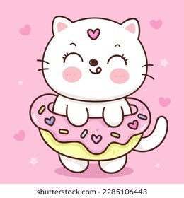 Cute cat sweet with yummy donut. Series: Kawaii animals kitten isolated on pink background (Character cartoon) Holiday activities, happy birthday. Perfect make a wish for baby t shirt fairy tale book.