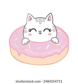 Cute cat sweet with yummy donut. Kawaii animals kitten isolated on pink background Holiday activities, happy birthday.