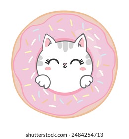 Cute cat sweet with yummy donut. Kawaii animals kitten isolated on pink background Holiday activities, happy birthday.