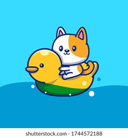 Cute Cat With Swim Ring Duck Vector Icon Illustration. Animal Summer Icon Concept Isolated Premium Vector. Flat Cartoon Style 