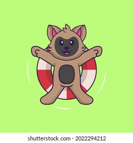 Cute cat is Swimming with a buoy. Animal cartoon concept isolated. Can used for t-shirt, greeting card, invitation card or mascot.
