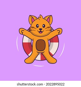 Cute cat is Swimming with a buoy. Animal cartoon concept isolated. Can used for t-shirt, greeting card, invitation card or mascot.