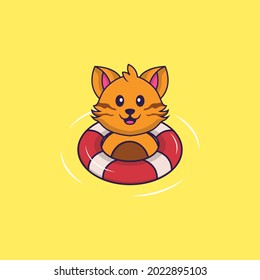 Cute cat is Swimming with a buoy. Animal cartoon concept isolated. Can used for t-shirt, greeting card, invitation card or mascot.