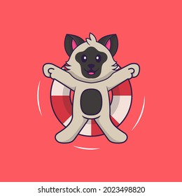 Cute cat is Swimming with a buoy. Animal cartoon concept isolated. Can used for t-shirt, greeting card, invitation card or mascot.