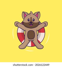 Cute cat is Swimming with a buoy. Animal cartoon concept isolated. Can used for t-shirt, greeting card, invitation card or mascot.