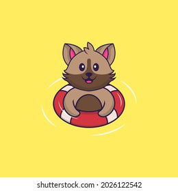 Cute cat is Swimming with a buoy. Animal cartoon concept isolated. Can used for t-shirt, greeting card, invitation card or mascot.