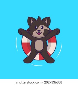 Cute cat is Swimming with a buoy. Animal cartoon concept isolated. Can used for t-shirt, greeting card, invitation card or mascot.