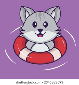 Cute cat is Swimming with a buoy. Animal cartoon concept isolated. Can used for t-shirt, greeting card, invitation card or mascot