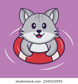 Cute cat is Swimming with a buoy. Animal cartoon concept isolated. Can used for t-shirt, greeting card, invitation card or mascot.