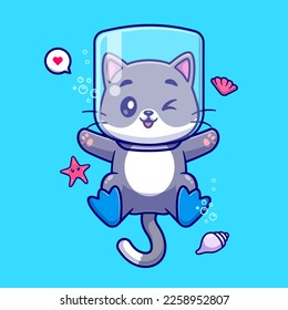 Cute Cat Swimming With Jar In Ocean Cartoon Vector Icon Illustration. Animal Nature Icon Concept Isolated Premium Vector. Flat Cartoon Style