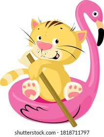 Cute Cat Swims Floating on an Inflatable Flamingo - Vector Illustration