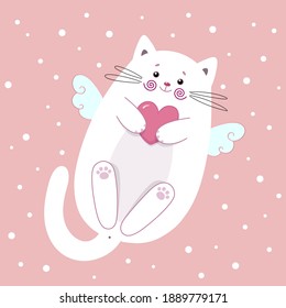 Cute cat symbol of love and relationship. Vector illustration. A funny kitten with heart useful for greeting Valentines themed card and invitation, prints for apparel, designs etc.