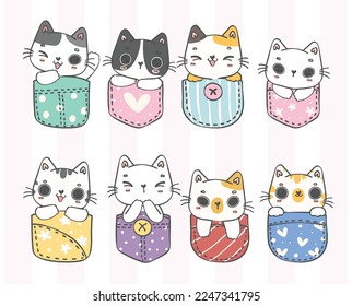 Cute cat in t shirt pocket pet animal cartoon doodle hand drawing collection.