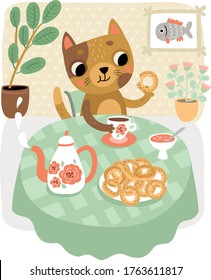 Cute cat at the table drinks tea with cookies