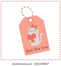 Cute cat tag design. Valentine's Day tag featuring a inlove cat with a heart holding. Perfect for gifts and cards