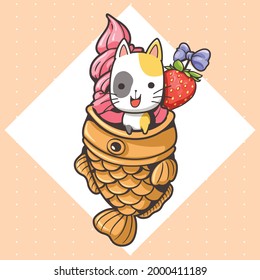 Cute cat and taiyaki ice cream with strawberry topping cartoon vector illustration, Fish bread dessert, Cute character cartoon, Japanese fish-shaped cake.