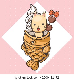 Cute cat and taiyaki ice cream cartoon vector illustration, Fish bread dessert, Cute character cartoon, Japanese fish-shaped cake.