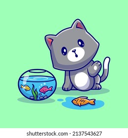 Cute Cat Take Out Fish From Aquarium Cartoon Vector Icon Illustration. Animal Nature Icon Concept Isolated Premium Vector. Flat Cartoon Style