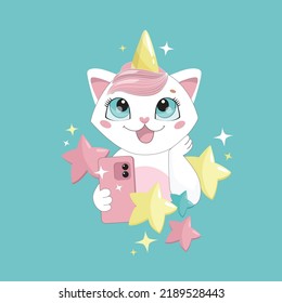Cute cat takes a selfie. Unicorn cat. Little white cat in the stars. Poster, invitation, postcard.