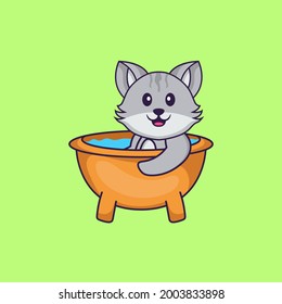 Cute cat taking a bath in the bathtub. Animal cartoon concept isolated. Can used for t-shirt, greeting card, invitation card or mascot.