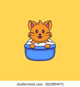 Cute cat taking a bath in the bathtub. Animal cartoon concept isolated. Can used for t-shirt, greeting card, invitation card or mascot.
