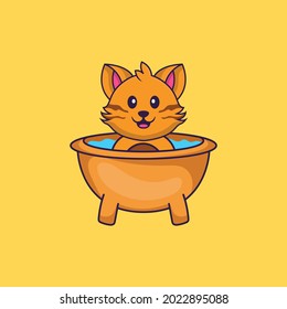 Cute cat taking a bath in the bathtub. Animal cartoon concept isolated. Can used for t-shirt, greeting card, invitation card or mascot.