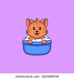 Cute cat taking a bath in the bathtub. Animal cartoon concept isolated. Can used for t-shirt, greeting card, invitation card or mascot.