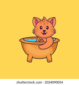 Cute cat taking a bath in the bathtub. Animal cartoon concept isolated. Can used for t-shirt, greeting card, invitation card or mascot.