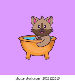 Cute cat taking a bath in the bathtub. Animal cartoon concept isolated. Can used for t-shirt, greeting card, invitation card or mascot.