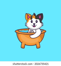 Cute cat taking a bath in the bathtub. Animal cartoon concept isolated. Can used for t-shirt, greeting card, invitation card or mascot.