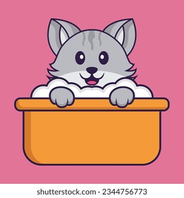 Un gato lindo bañándose en la bañera. El concepto de caricatura animal aislado. Puede utilizarse para camisetas, tarjetas de felicitación, tarjetas de invitación o mascota