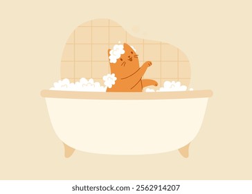 Cute cat taking a bath with pet shampoo. Cartoon vector illustration with funny bathing cat.