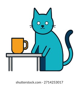 Gato bonito fazendo uma pausa para o café ao lado da mesa de escritório, espaço de trabalho relaxante, ilustração vetorial, personagem bonito gato, ambiente de escritório moderno, rotina de escritório