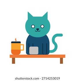 Cute cat taking a coffee break beside office desk, relaxing workspace, vector illustration, cute cat character, modern office environment, office routine