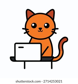 Gato lindo que toma las notas de la pantalla del proyector de la oficina, Ilustración vectorial, gato atento, reunión profesional, oficina corporativa, presentación del negocio, productividad