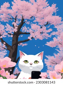 Cute cat taking a selfie with a smartphone on a background of cherry blossoms