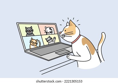 Cute cat talk on video call with cats on computer. Pet have webcam conversation on laptop with kittens. Technology concept. Vector illustration. 