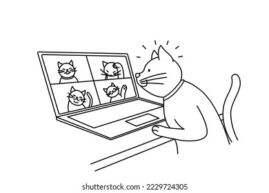 Cute cat talk on video call with cats on computer. Pet have webcam conversation on laptop with kittens. Technology concept. Vector illustration. 