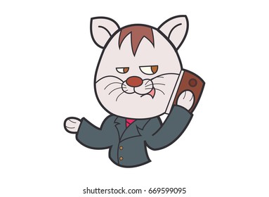 Cute Cat talking on the phone. Vector Illustration. Isolated on white background.