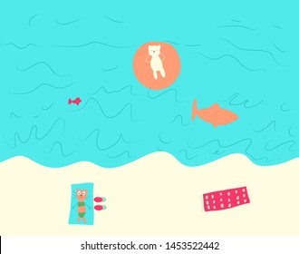 A cute cat tan on the beach. A cat is floating in the sea. Vector cartoon illustration