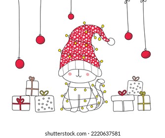 Cute cat tangled in christmas lights wearing a large santa hat. Holiday greeting card.