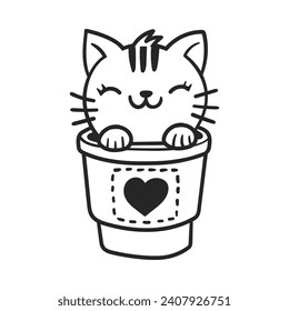 Cute Katze in Teekaffee Tasse. Cute, lustige Tiercharakter für das Valentinstag-Konzept. Lineare Vektorgrafik, Schwarz-Weiß-Illustration