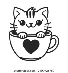 Cute cat in tea coffee cup. Cute, funny animal pet character for Valentines day concept. Linear vector black and white illustration