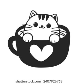 Cute cat in tea coffee cup. Cute, funny animal pet character for Valentines day concept. Linear vector black and white illustration