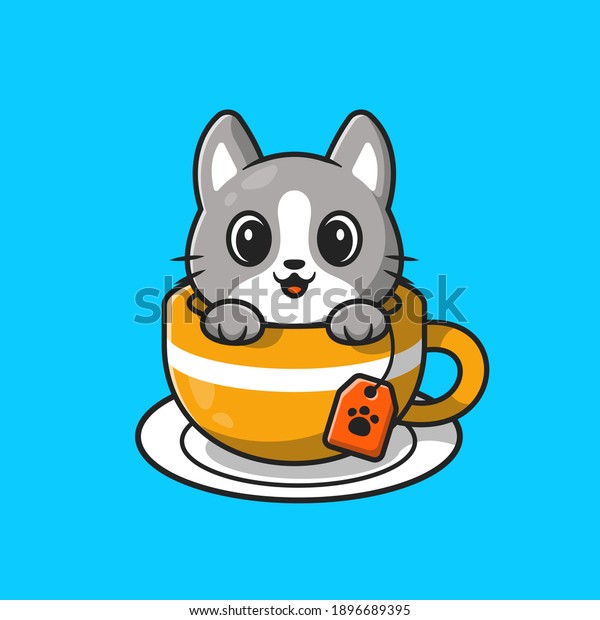 Cute Cat Tea Cup Cartoon Vector Stock Vector (Royalty Free) 1896689395 ...