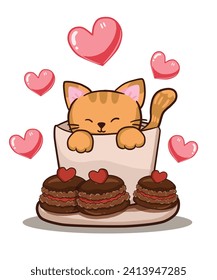 cute cat in the tea cup with Macarons. cat and heaet, happy animal. valentines doodle art.