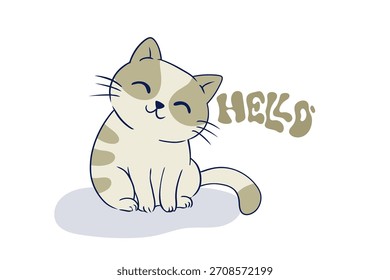 Cute cat with text "hello", adorable for t-shirts, stickers, wallpaper covers. Flat vector illustration isolated on white background.