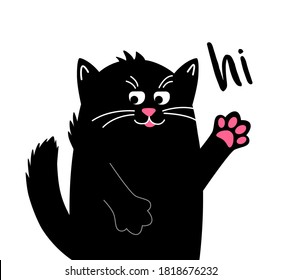 Cute cat with text Hi. Funny Kawaii animal. black cat isolated. Vector cartoon Illustration in flat. Cute cartoon character.